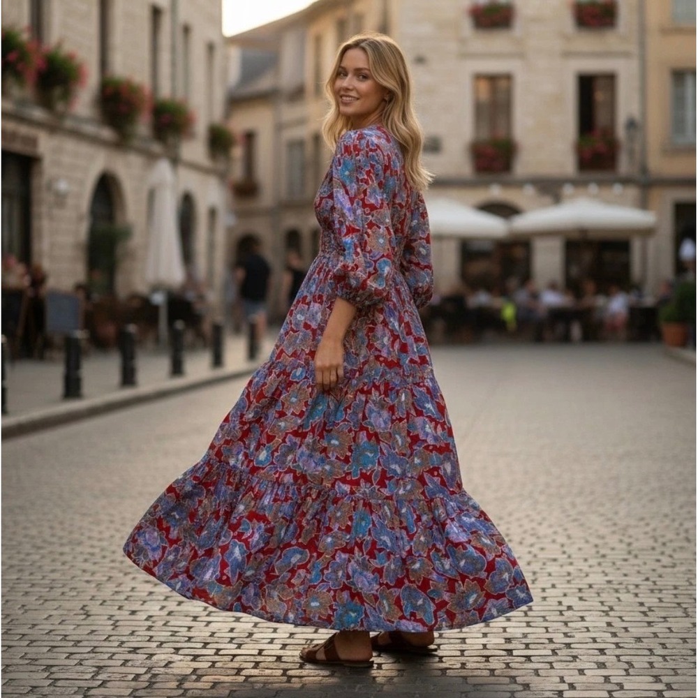 Caroline Constas Frenchie Floral Midi Dress Sz S EUC Boho Cottagecore Coquette